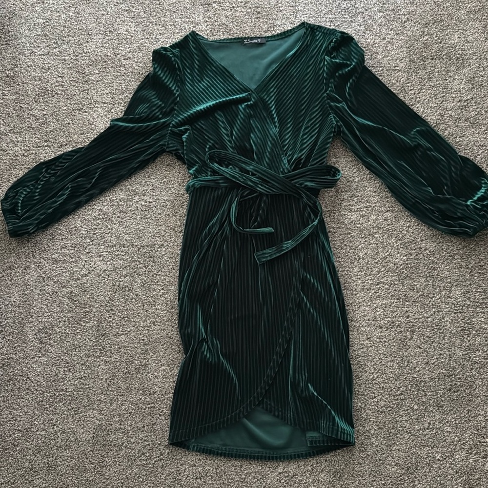 Simplee L green ribbed wrap dress long sleeve V-neck belt ribbed velvet